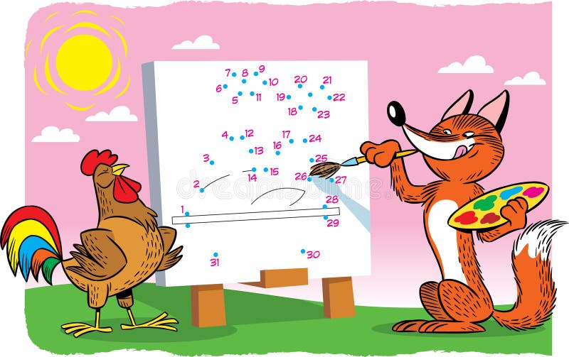 puzzle sly fox draws a portrait of a rooster